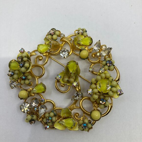 Vtg ORIGINAL ROBERT ? 2 3/4" " rhinestone crystal enamel yellow brooch - Picture 1 of 2